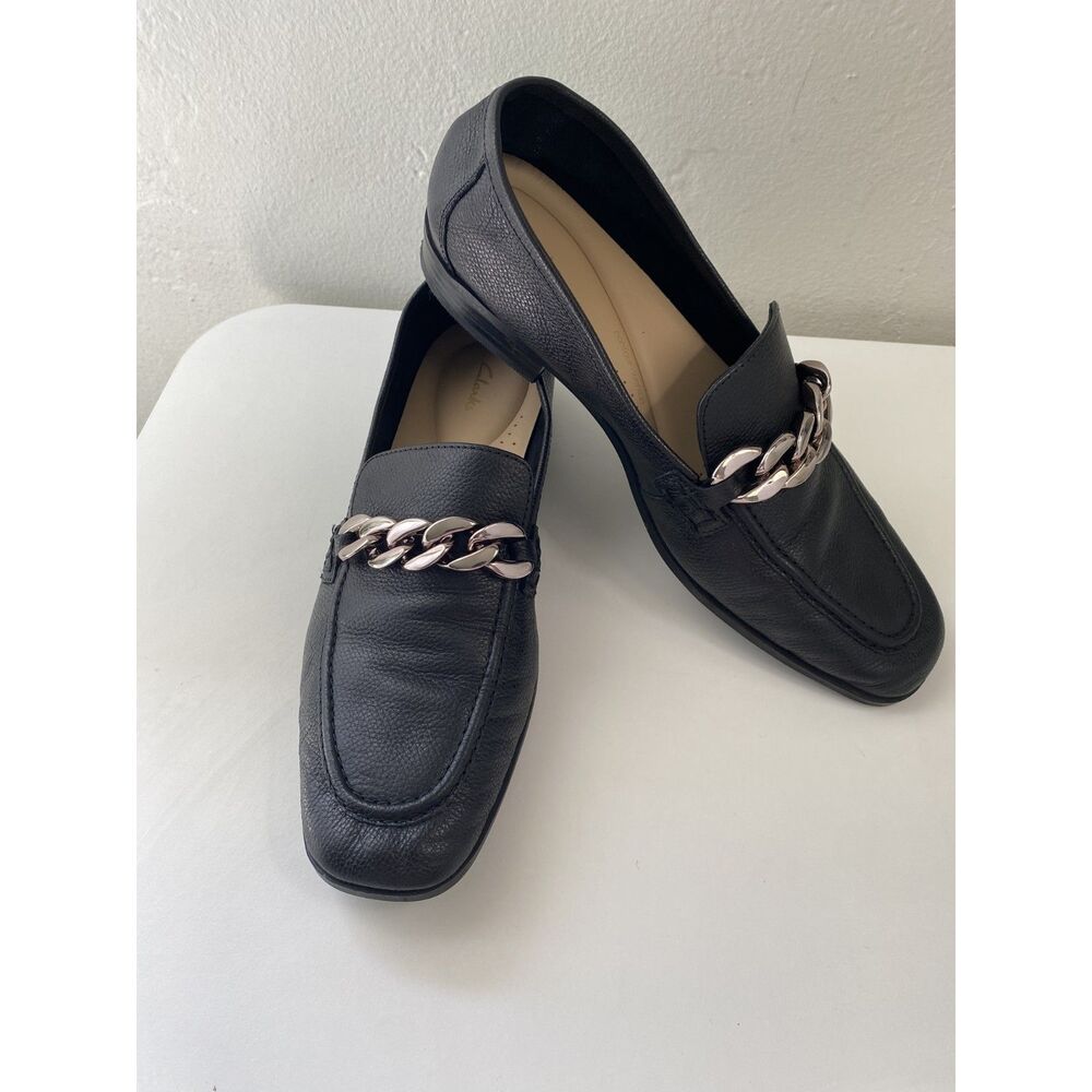 Clarks Collection Sarafyna Iris Black Leather Chain Loafers Flat 9.5M